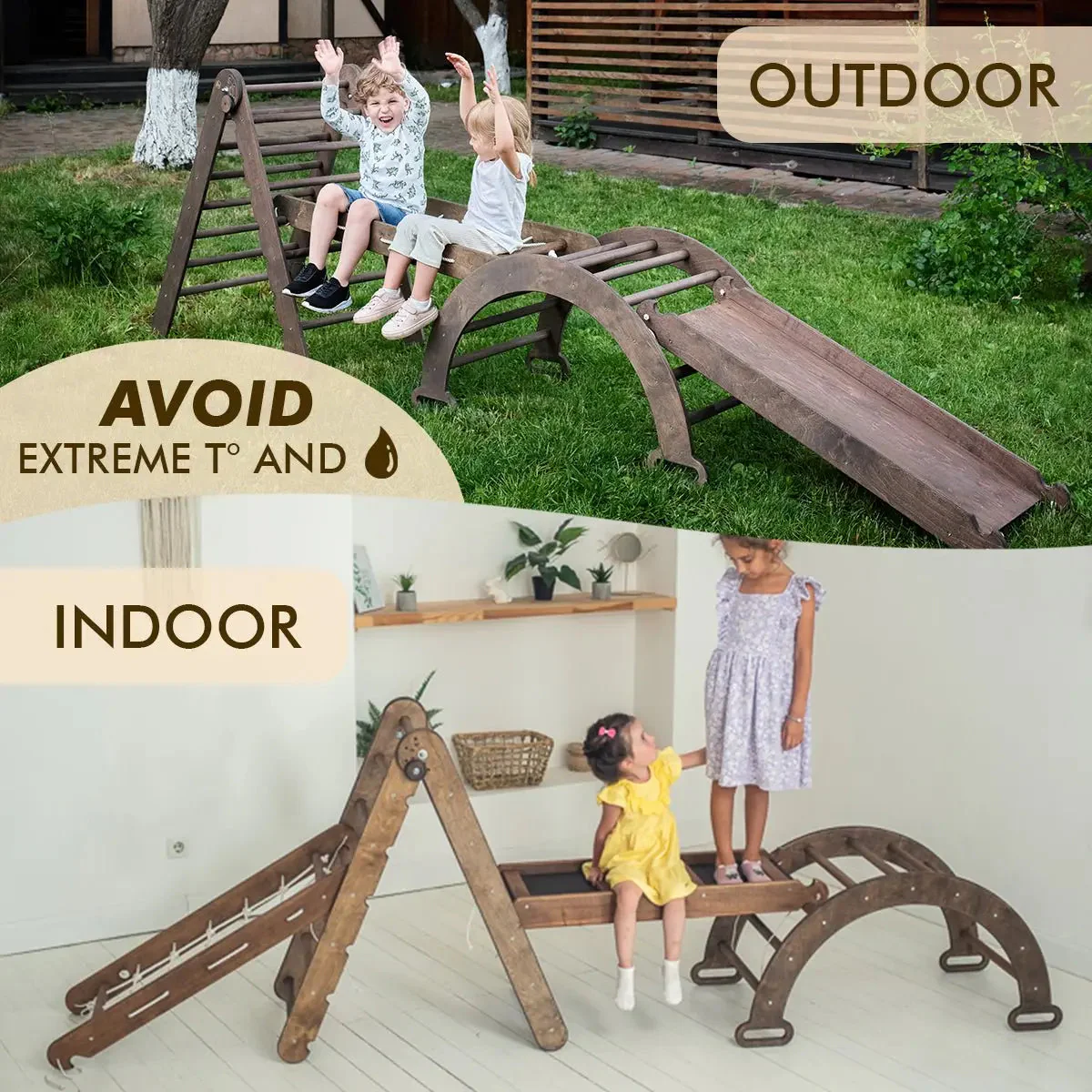 3in1 Montessori Climbing Set: Triangle Ladder + Slide Board + Net – Chocolate - Image 5