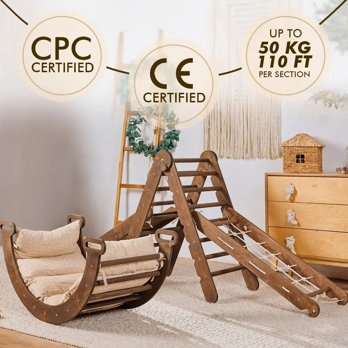 5in1 Montessori Climbing Set: Triangle Ladder, Climbing Arch, Slide, Net & Cushion – Chocolate - Image 10
