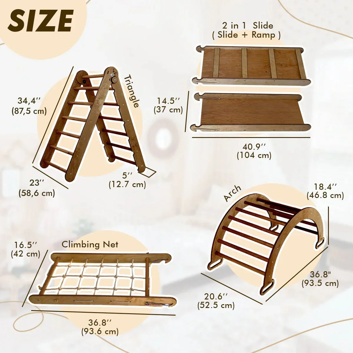 5in1 Montessori Climbing Set: Triangle Ladder, Climbing Arch, Slide, Net & Cushion – Chocolate - Image 5