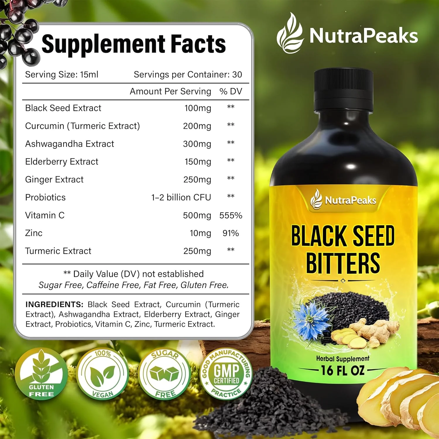 Black Seed Oil Bitters Liquid - 16 fl oz - Premium Herbal Blend with Black Seed Extract, Curcumin (Turmeric Extract), Ashwagandha, Elderberry, Probiotics, Vitamin C, Zinc - Image 2