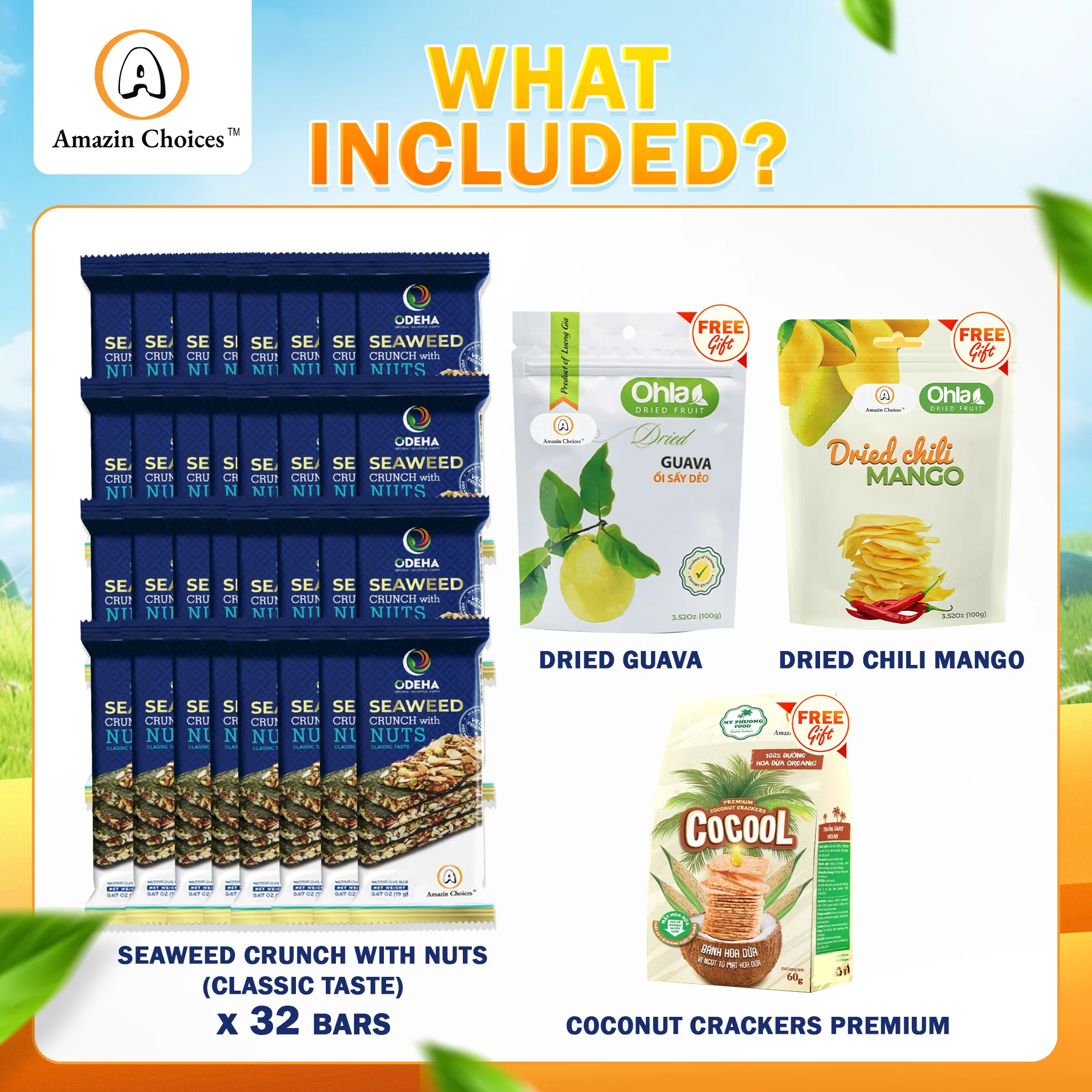 Buy for $39.98, Get 3 FREE Snack Gifts ($20.97 Value) – Amazin Choices Premium Seaweed Crunch with Nuts, 2 Boxes (32 Bars) – Gifts: Dried Guava, Coconut Cracker & Dried Chili Mango - Image 3