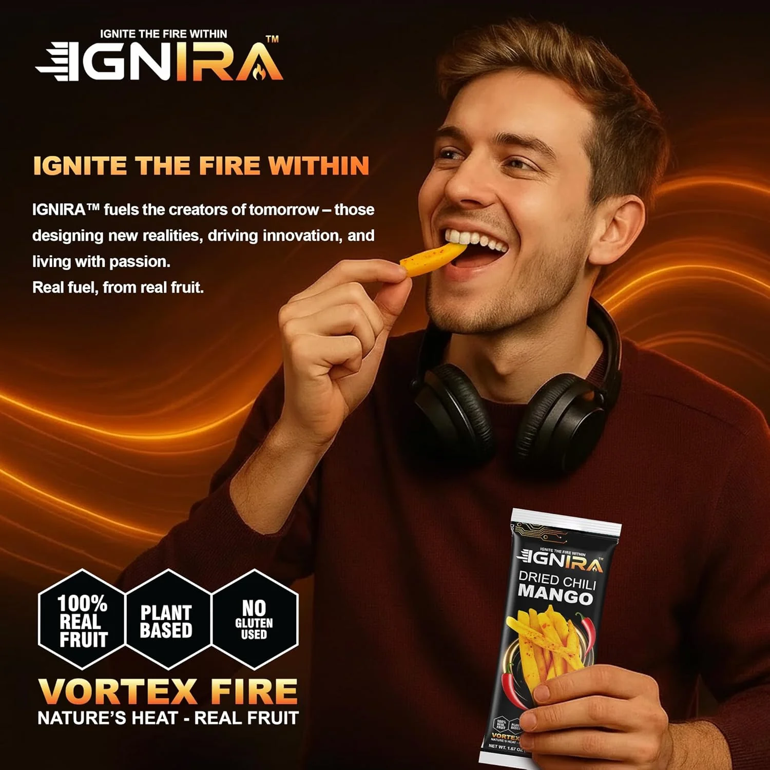 IGNIRA Dried Mango with chili, Sweet & Hot Fruit Snack Strips, Dry Chamoy Mangoes Slices, Chili Mangoes Snacks for Office, Gluten-Free, Plant-Based, Real Fruit, Vortex Energy Pack of 1 (1.67oz) - Image 6