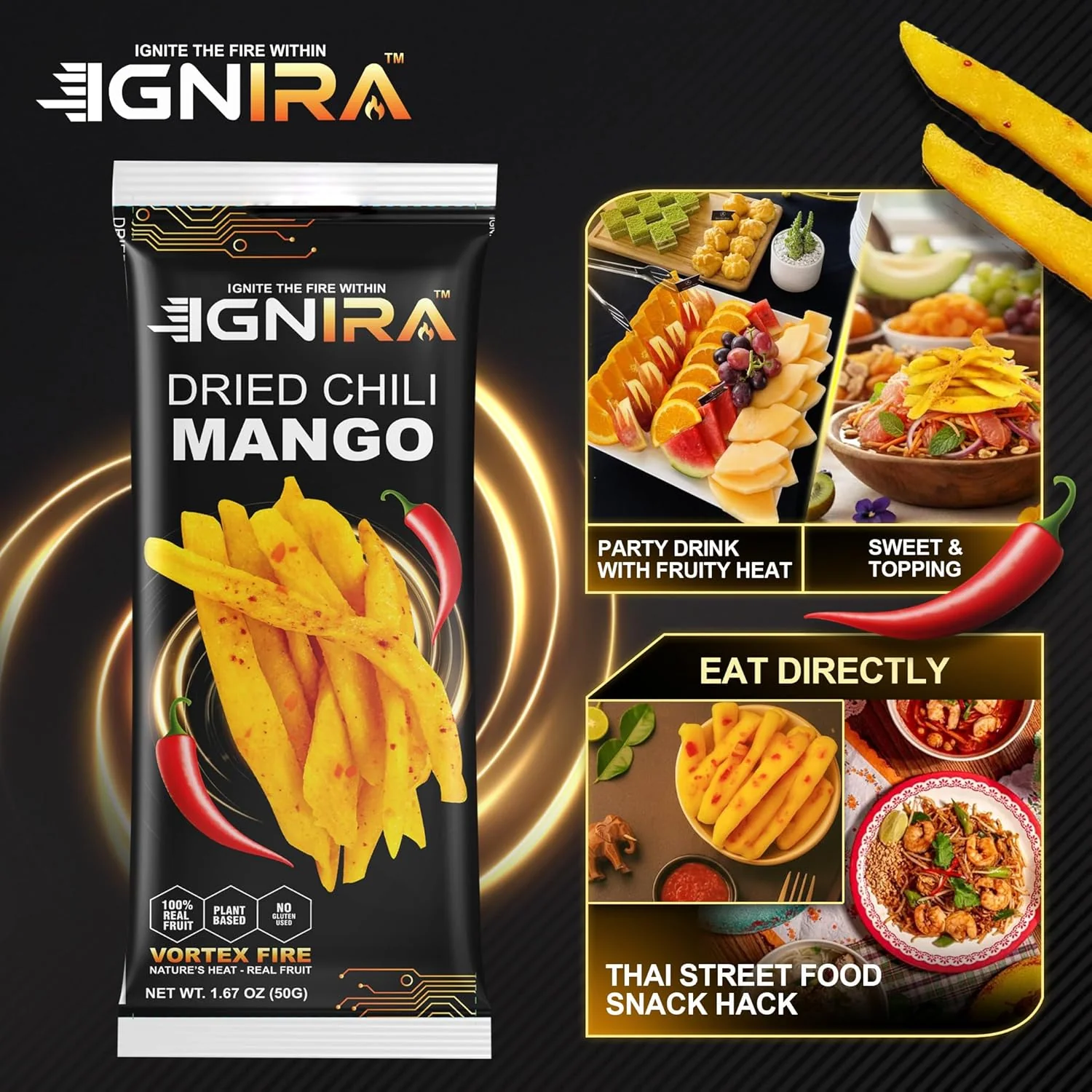 IGNIRA Dried Mango with chili, Sweet & Hot Fruit Snack Strips, Dry Chamoy Mangoes Slices, Chili Mangoes Snacks for Office, Gluten-Free, Plant-Based, Real Fruit, Vortex Energy Pack of 6 (10.02 oz) - Image 5