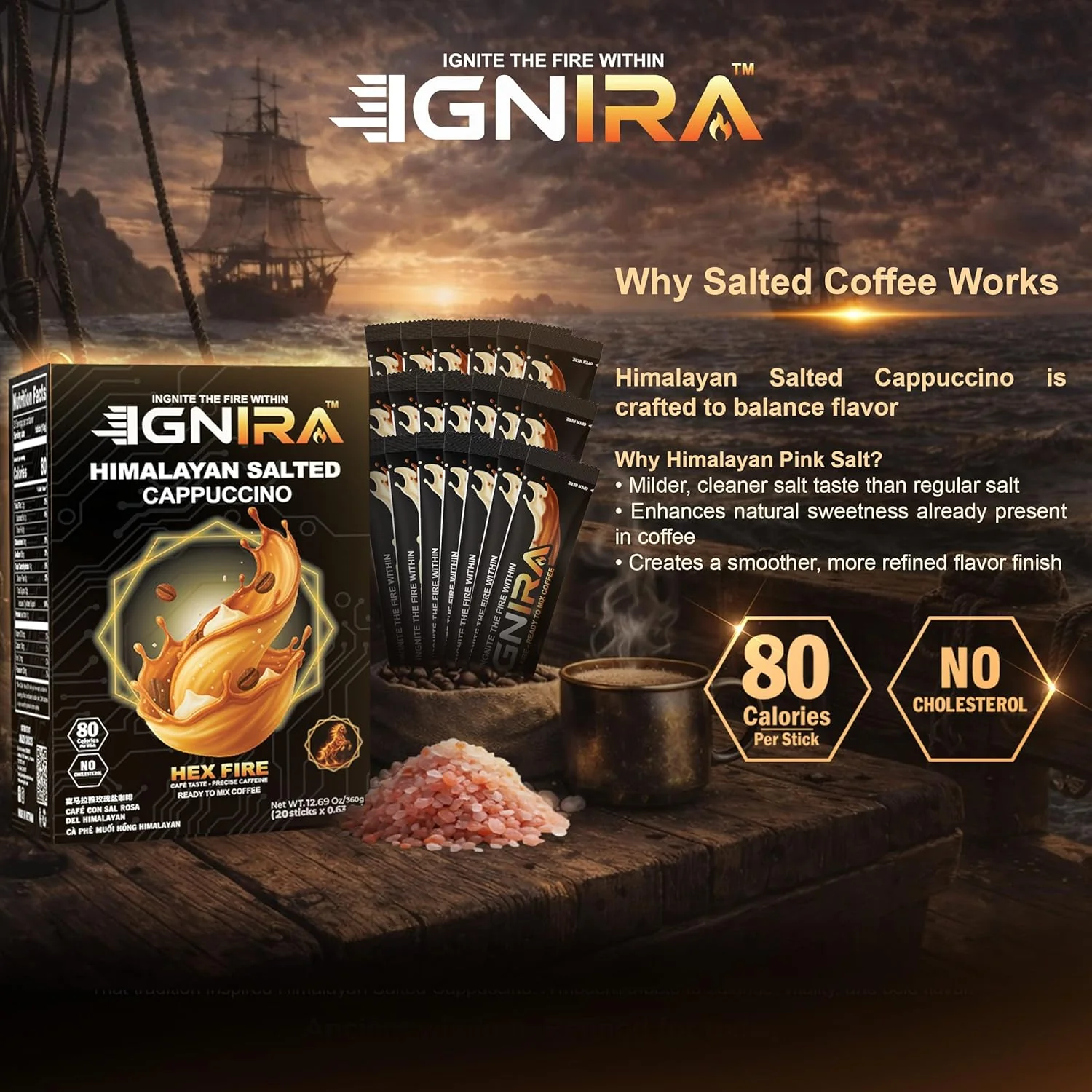 IGNIRA Himalayan Salted Coffee – Premium Robusta Instant Coffee Packets, Hot or Iced Milk Coffees, Smooth Salted Flavor, No Soybeans, No Cholesterol, Ready-to-Mix, Cafe Taste – HexFire Energy, 20 Single-Serve Sticks (12.69 oz) - Image 4