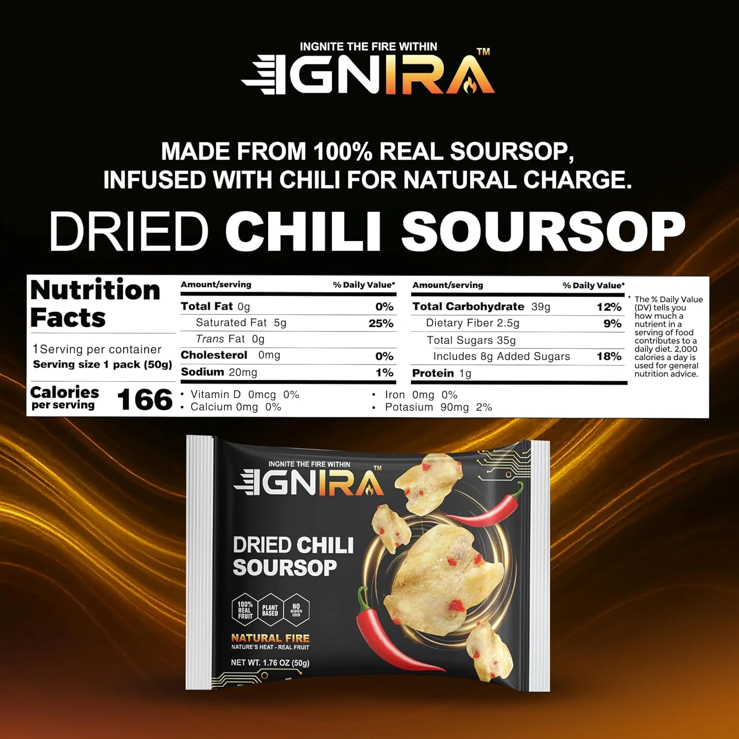 IGNIRA Spicy Dried Soursop with Chili, Vegan Sweet & Hot Fruit Snacks, Premium Soft Dried Chili Soursop, Plant-based, Gluten-free, Real Fruit Snack Strips, Vortex Fire energy Pack of 1 (1.76 oz) - Image 2