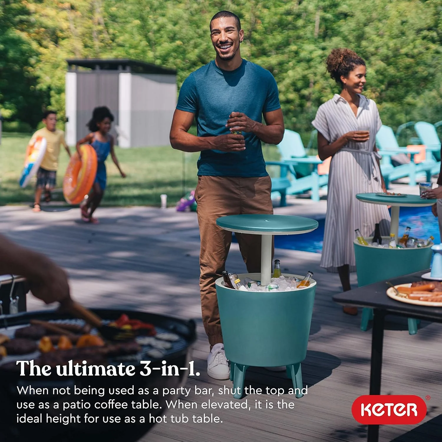 Keter Modern Cool Bar Outdoor Patio Furniture and Hot Tub Side Table with 7.5 Gallon Beer and Wine Cooler, Teal - Image 2