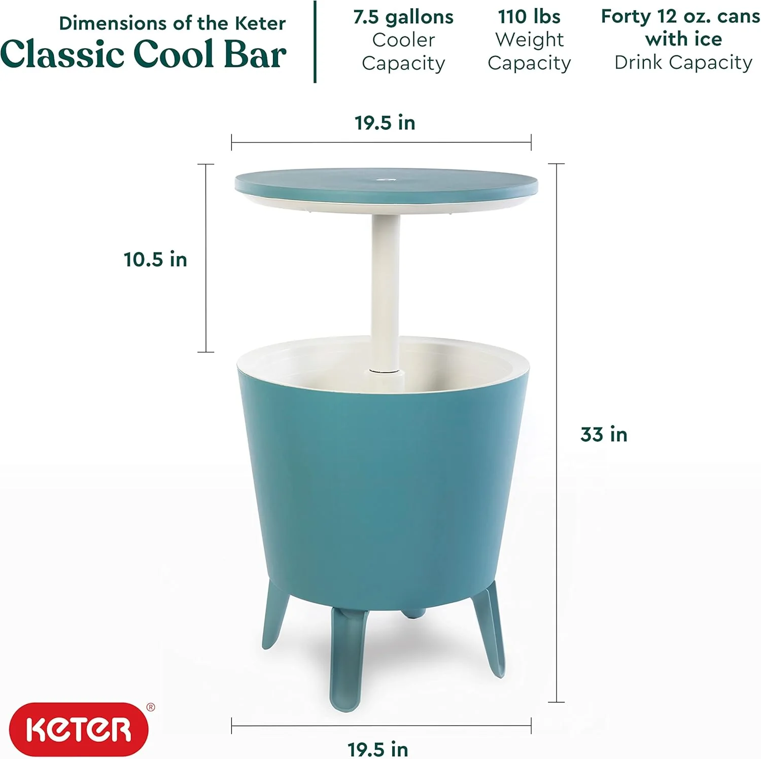 Keter Modern Cool Bar Outdoor Patio Furniture and Hot Tub Side Table with 7.5 Gallon Beer and Wine Cooler, Teal - Image 3