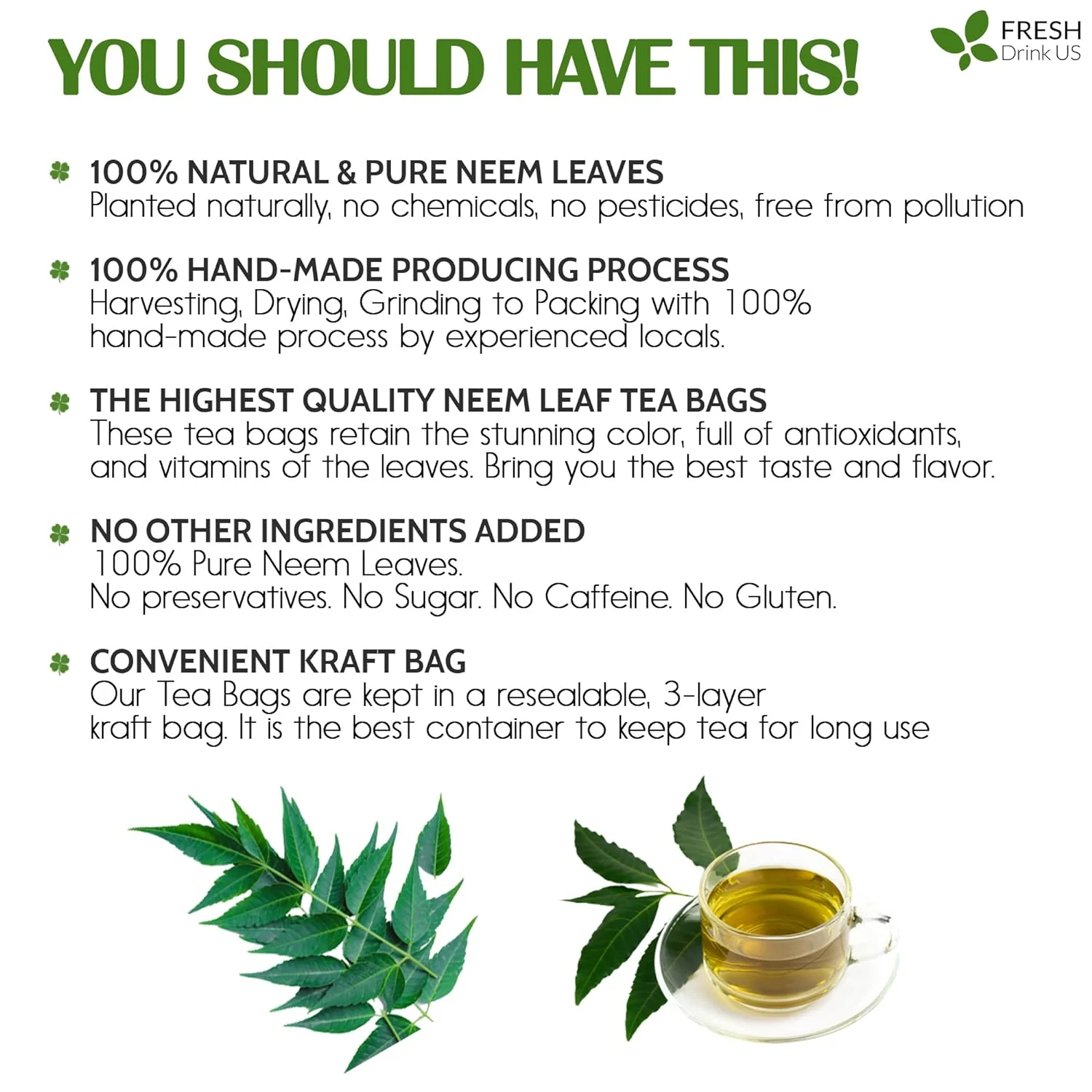 Neem Leaf Tea Bags, 100% Natural and Pure from Neem Leaves. Loose Leaf Neem Herbal Tea. Neem Leaf Tea. No Sugar, No Caffeine, No Gluten, Vegan. - Image 4