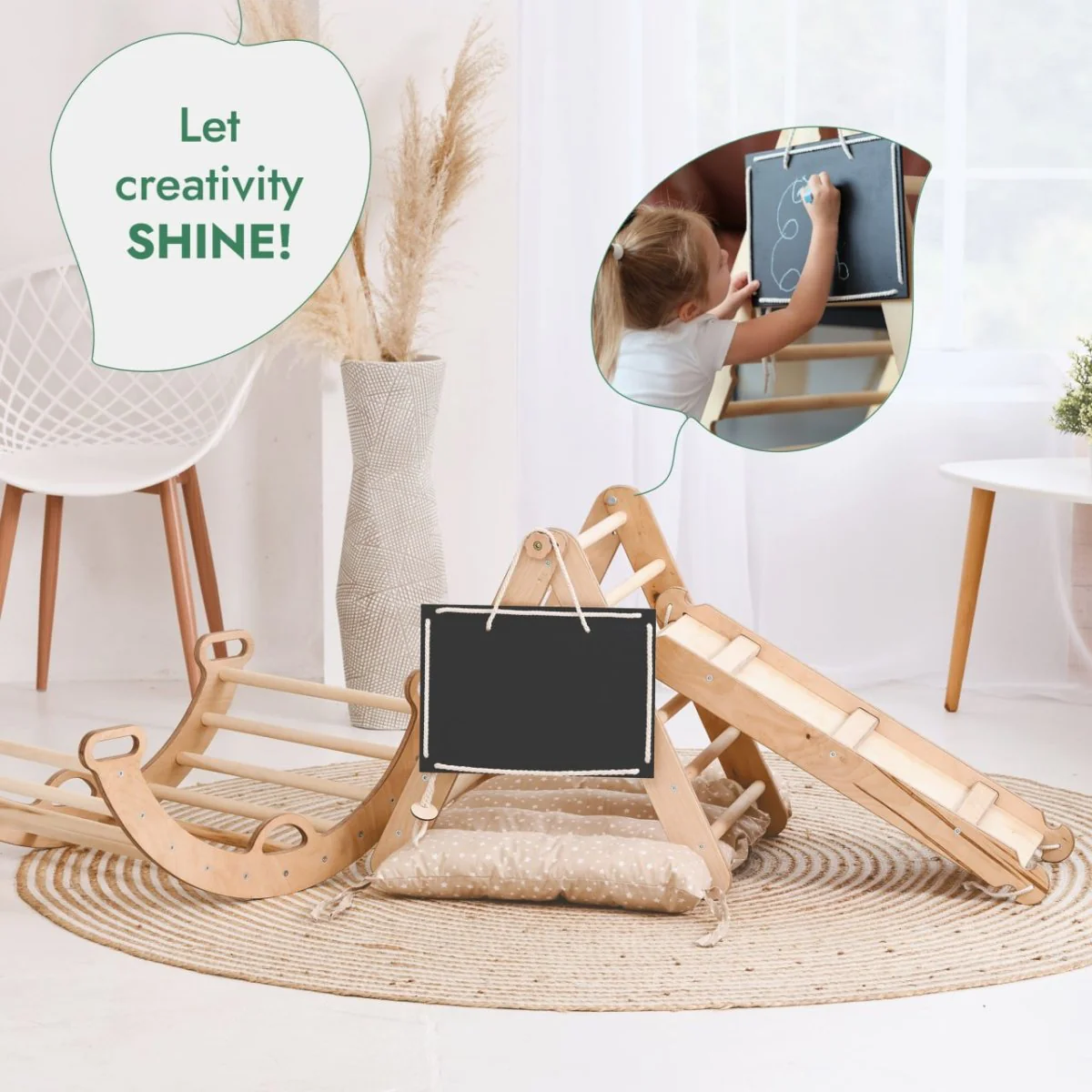 Pikler Triangle Set for Toddlers: Triangle Ladder + Climbing Arch + Slide Board + Cushion - Image 8