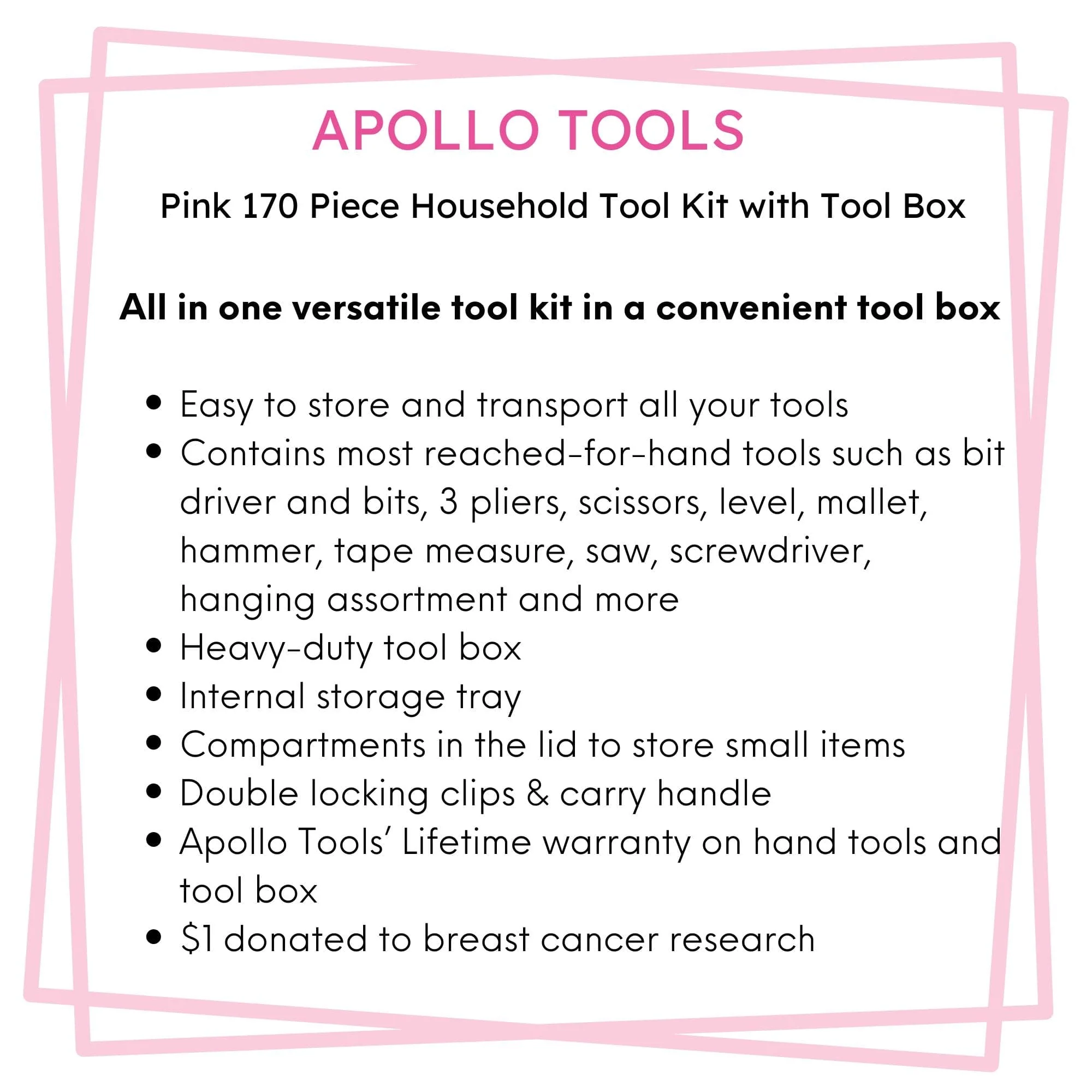 Pink 170 Piece Household Tool Kit with New and Improved Tool Box - DT7103P - Image 3