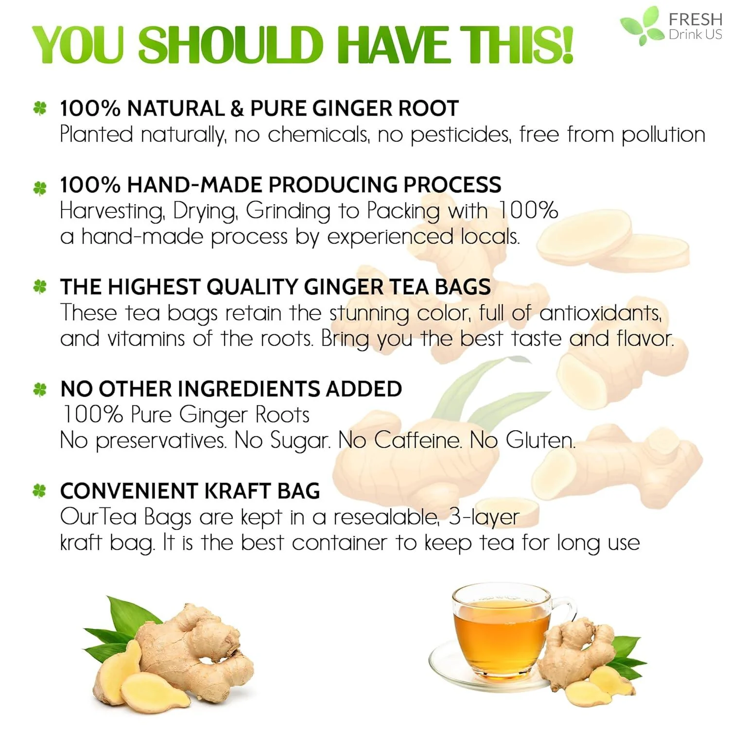 Premium Ginger Tea Bags, 100% Natural & Pure from Ginger Roots, Ginger Tea, Ginger Herbal Tea. Ginger Tea. No Sugar, No Caffeine, No Gluten, Vegan. - Image 4
