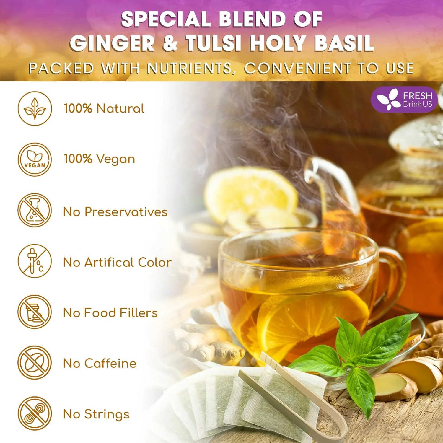 Premium Ginger Tulsi Tea Bags | Hand-made Blend of Ginger and Tulsi Holy Basil Leaves - Image 3