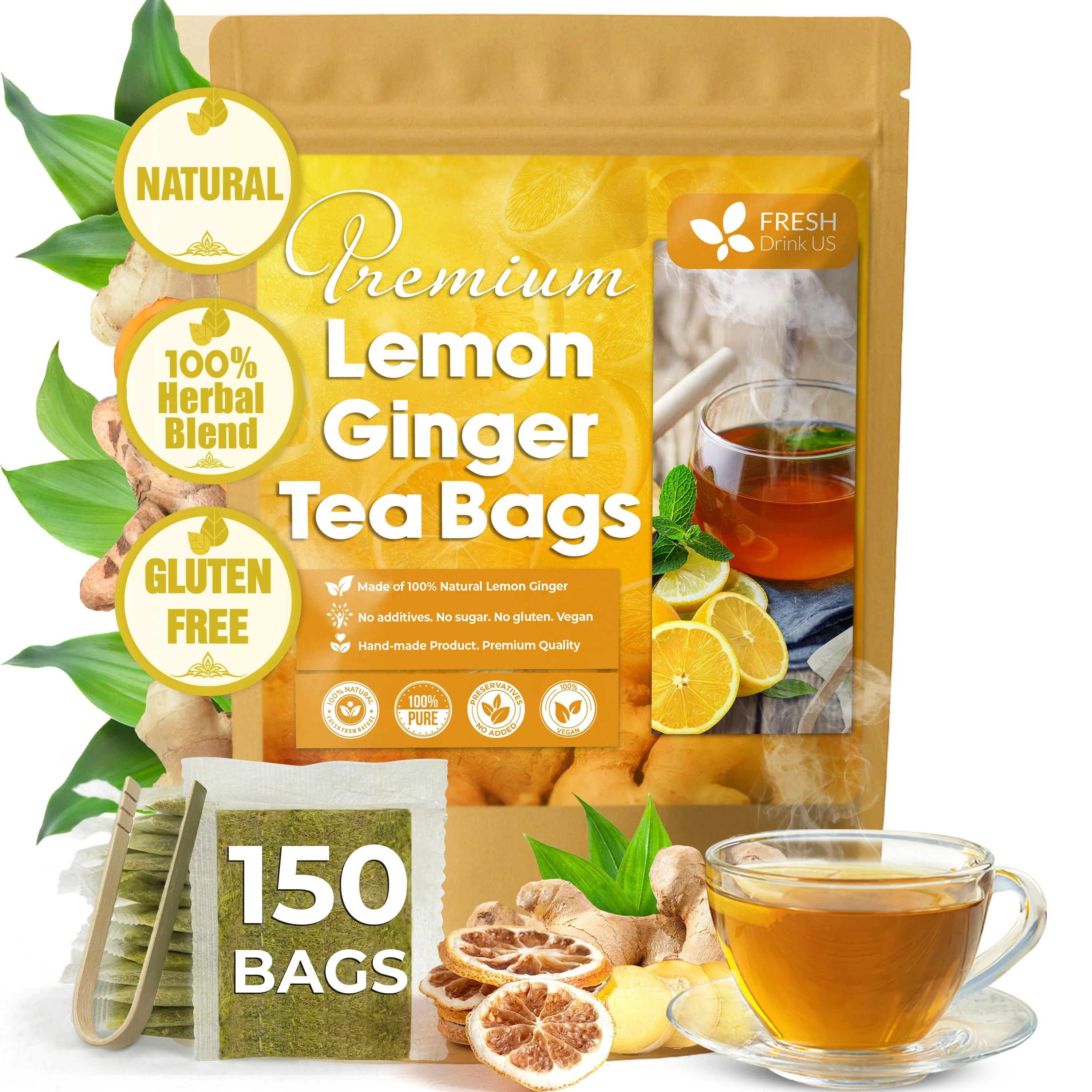 Premium Lemon Ginger Tea Bag, Eco-conscious Tea Bags. Lemon Ginger Herbal Tea. No Sugar, No Caffeine, No Gluten, Vegan. - Image 12