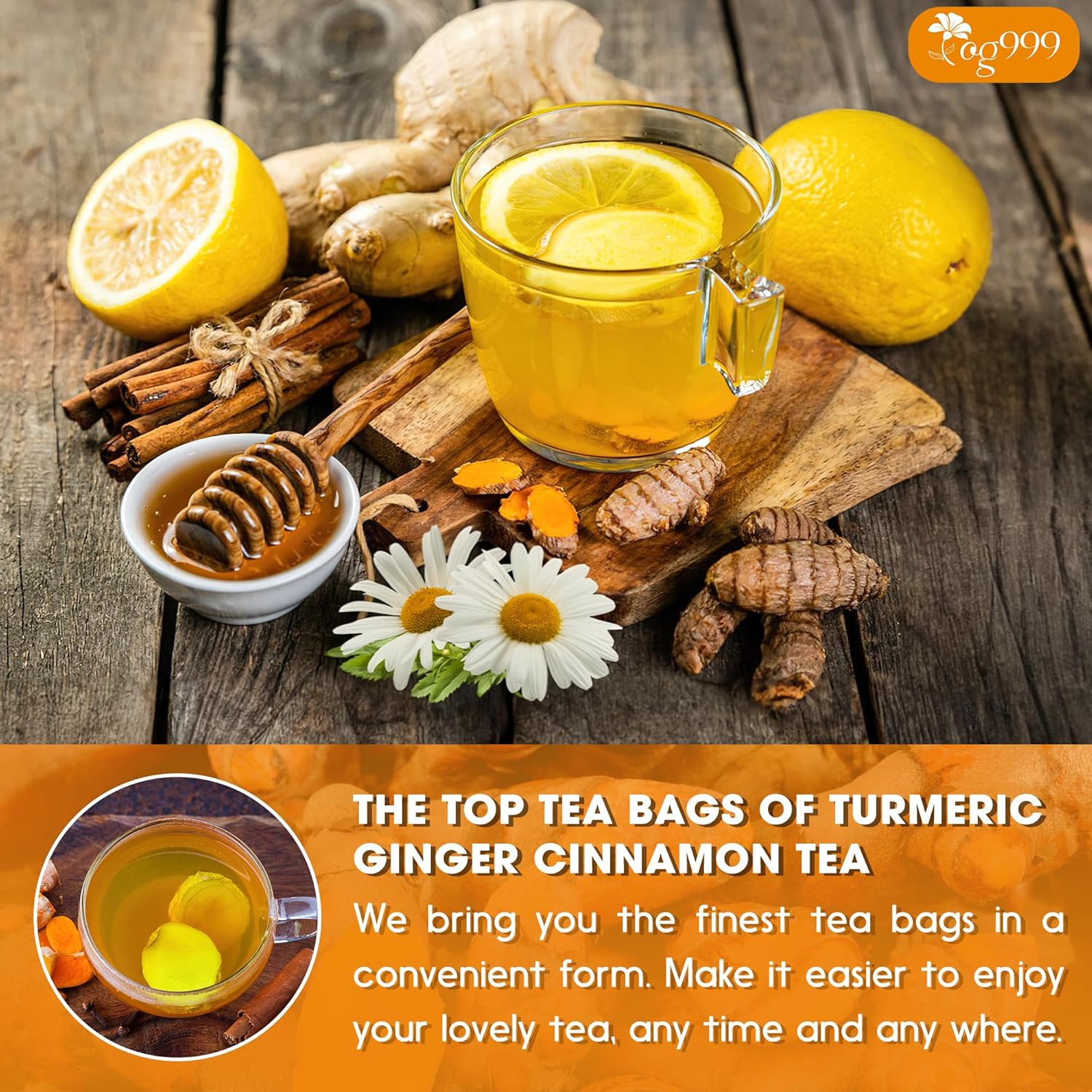Premium Turmeric, Ginger, Cinnamon & Chamomile Flowers Tea | Improve Digestion, Support Brain, Weight, Skin and Sleep, Eco-Conscious Tea Bags - Image 9