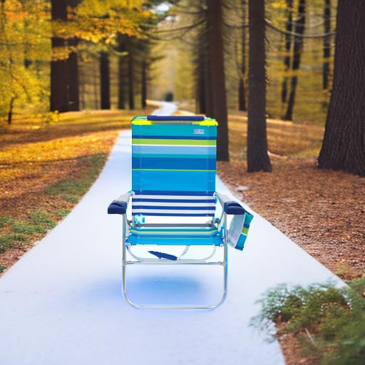 Rio Brands 17" Extended Height 4-Position Folding Beach, Camping, Lawn Chair, Blue/White/Green - Image 24