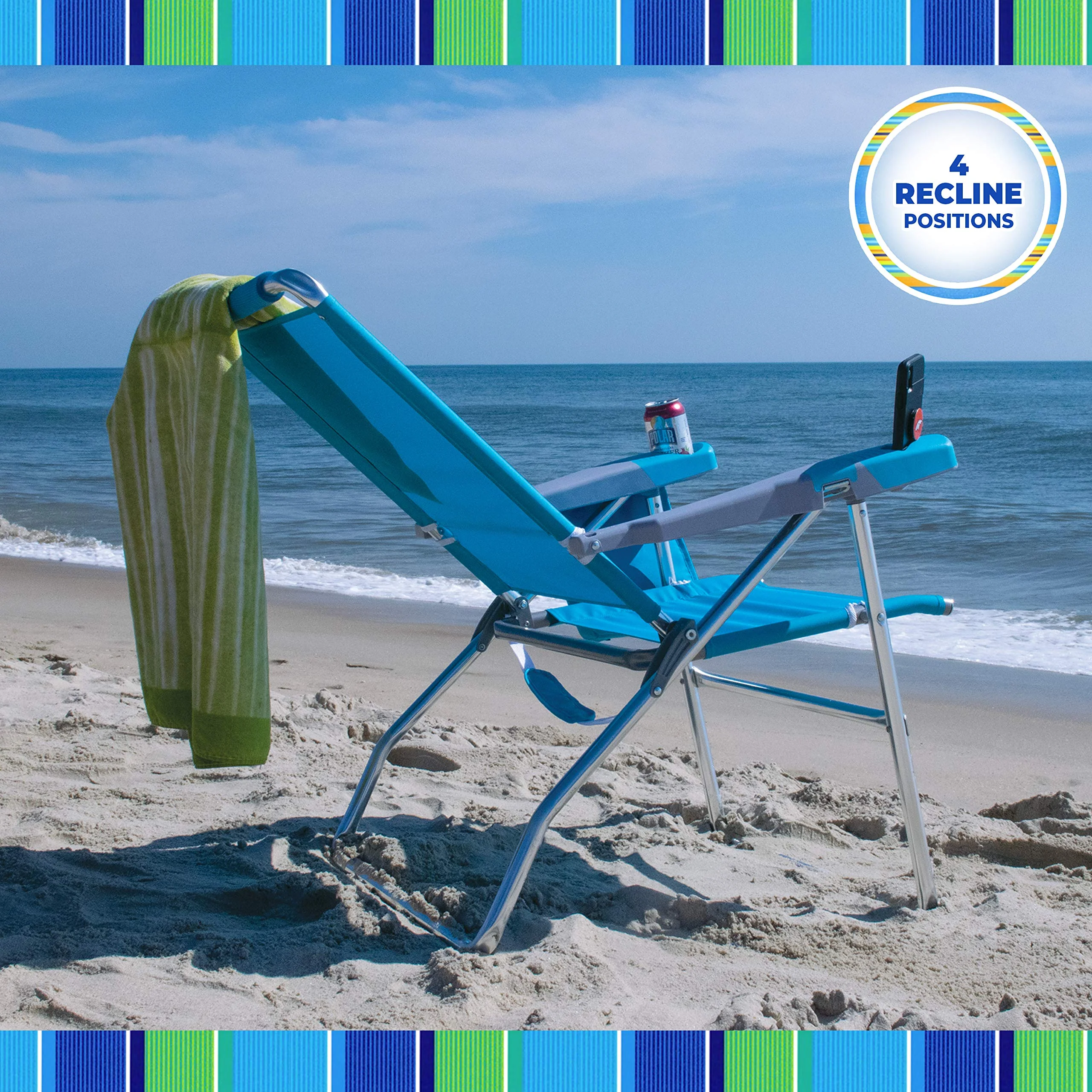 Rio Brands 17" Extended Height 4-Position Folding Beach, Camping, Lawn Chair, Blue/White/Green - Image 7