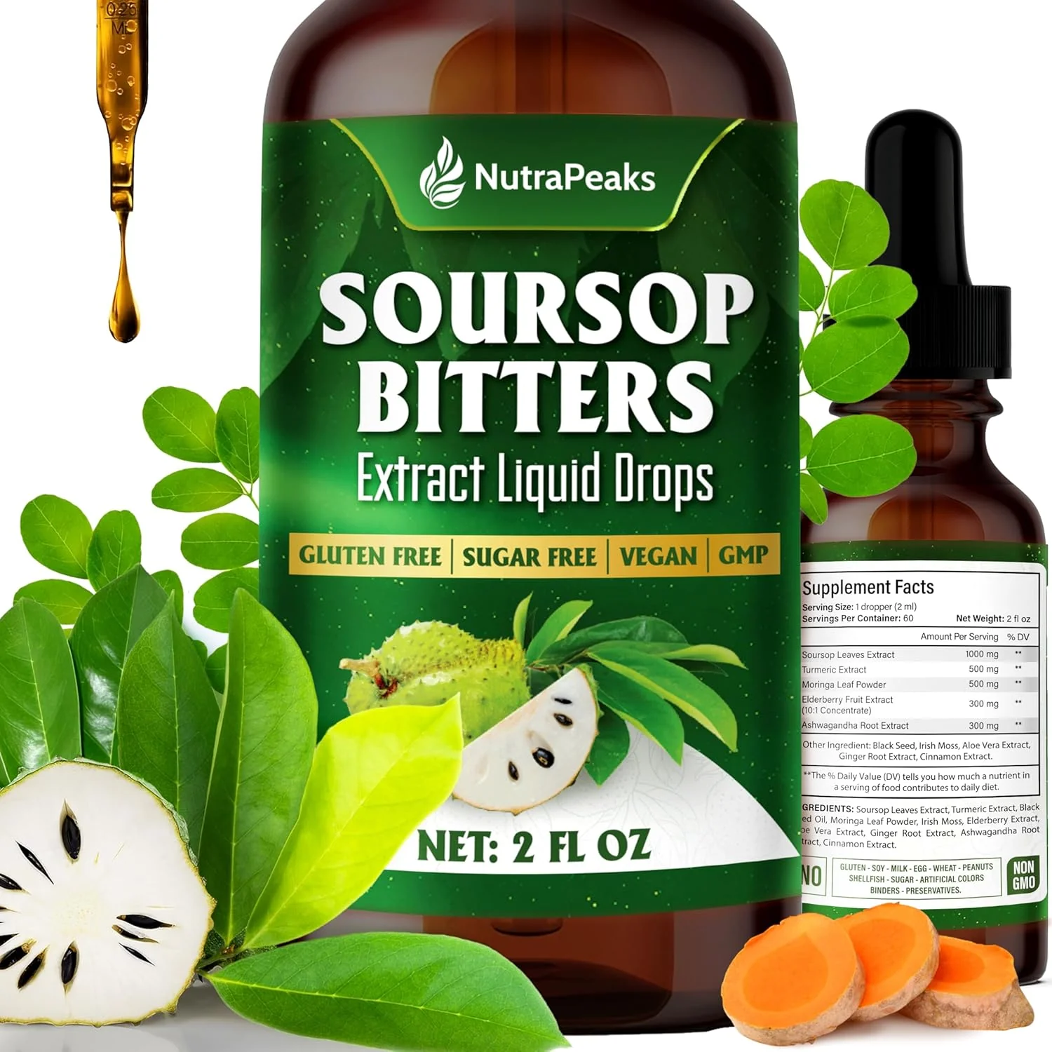 Soursop Bitters Liquid Drops – Premium Herbal Blend with Soursop Leaves, Black Seed, Moringa, Ashwagandha, Senna, Goat Weed & Ginger, 2 fl oz - Image 2