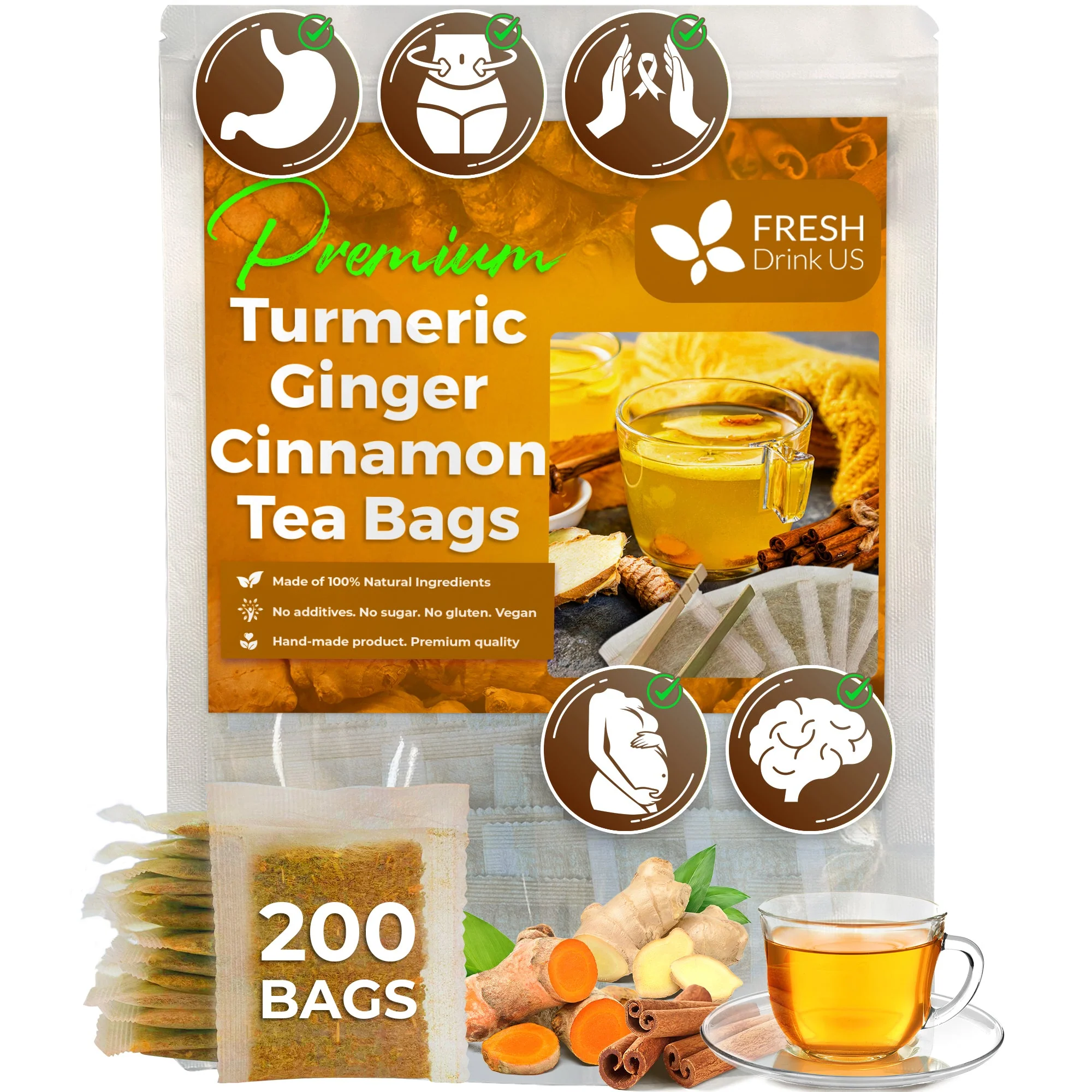 Turmeric, Ginger, Cinnamon Tea, Tea Bags, 100% Natural, Hand-made Blend of Turmeric, Ginger, and Cinnamon. Eco-conscious Tea Bags. Turmeric Ginger Herbal Tea. No Sugar, No Caffeine, No Gluten, Vegan. - Image 3