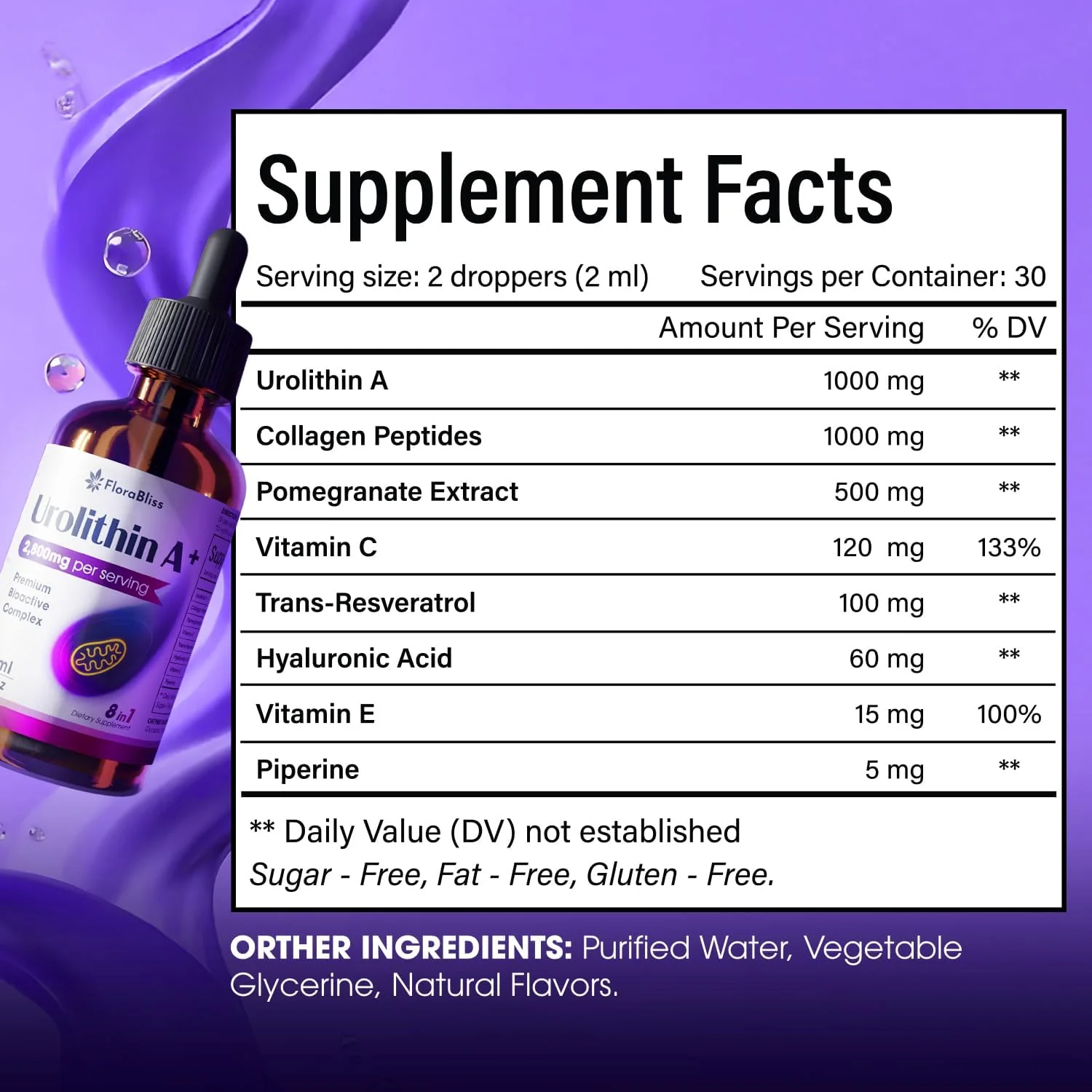 Urolithin A Supplement 2800 mg Liquid Drops | with Trans-Resveratrol, Collagen Peptides, Pomegranate Extract, Hyaluronic Acid, Vitamin E & C - Image 4